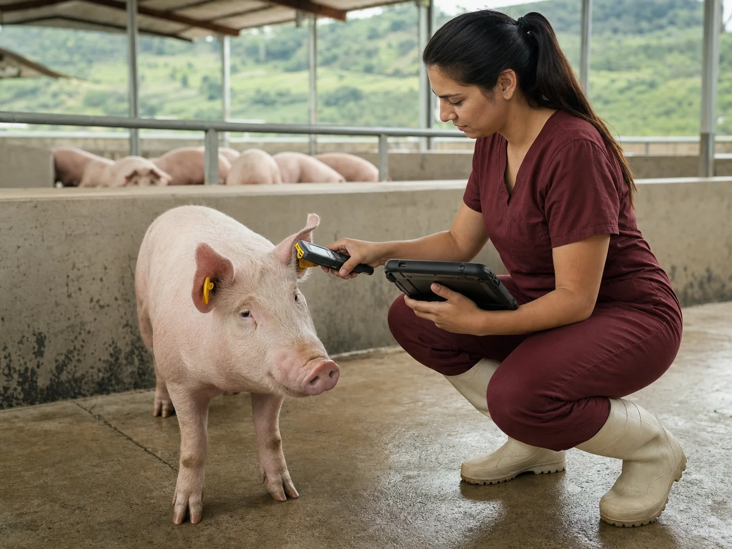 Veterinaria verifica la identificación y trazabilidad de un cerdo con lector y tableta