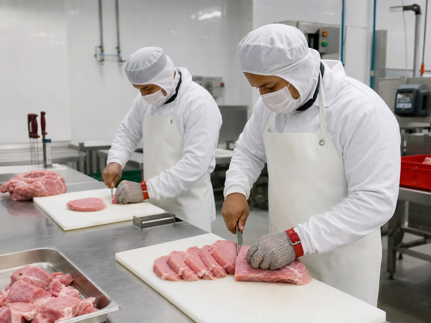 Personal capacitado porciona cortes de cerdo en una planta higiénica