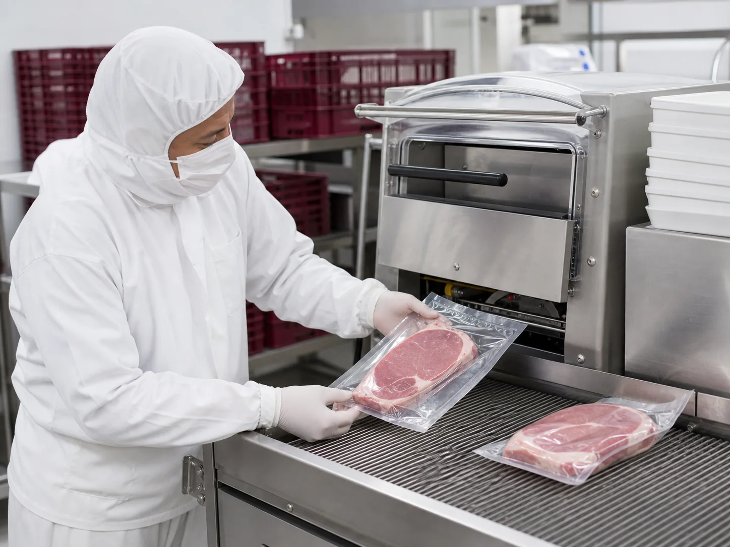 Operaria revisa un corte de cerdo recién sellado al vacío