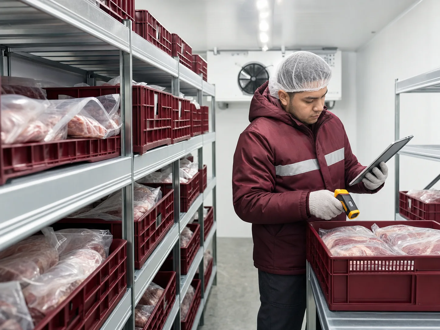 Técnico controla la temperatura de producto empacado en un cuarto frío