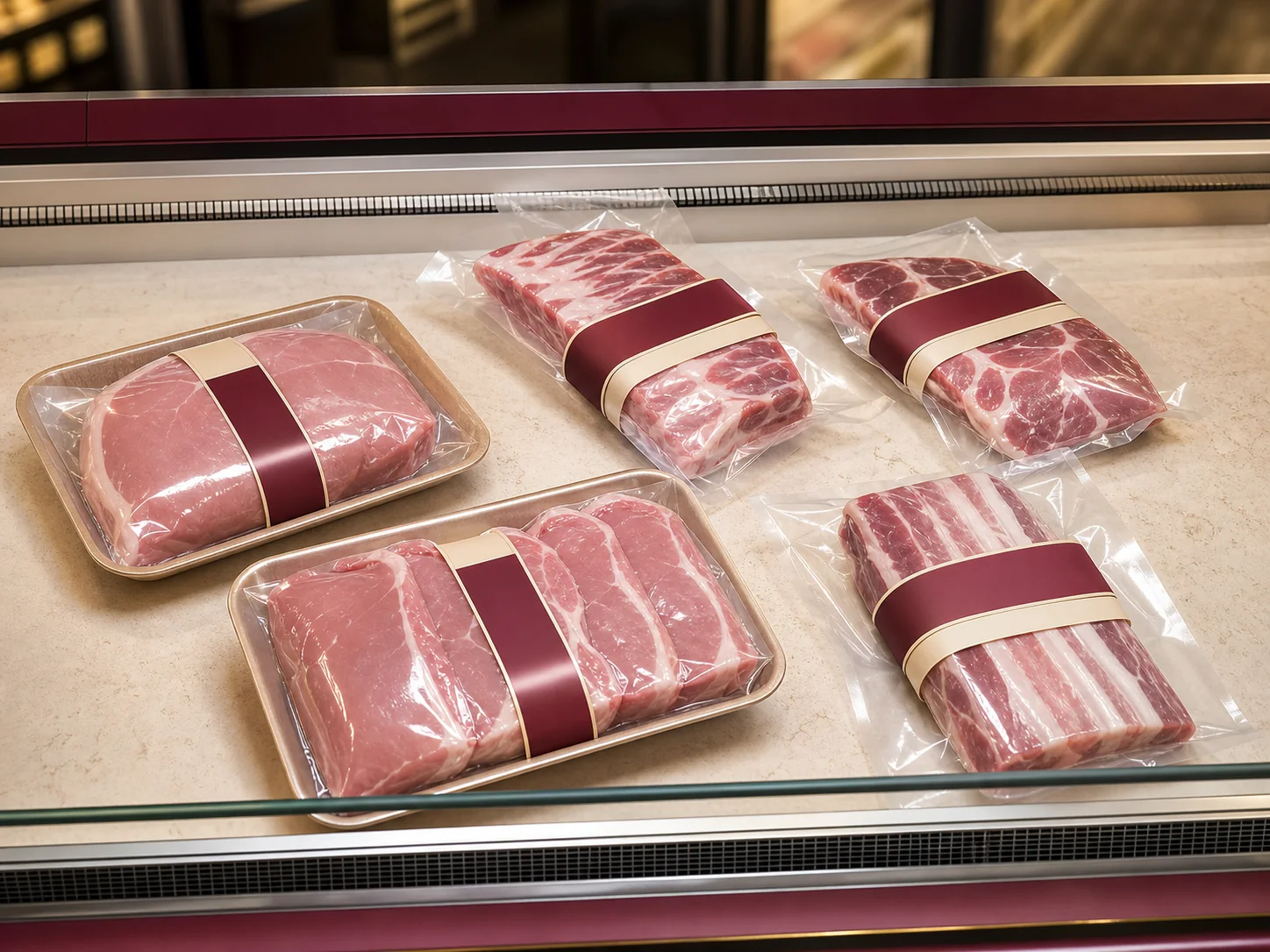 Selección de cortes de cerdo empacados y listos para exhibición refrigerada