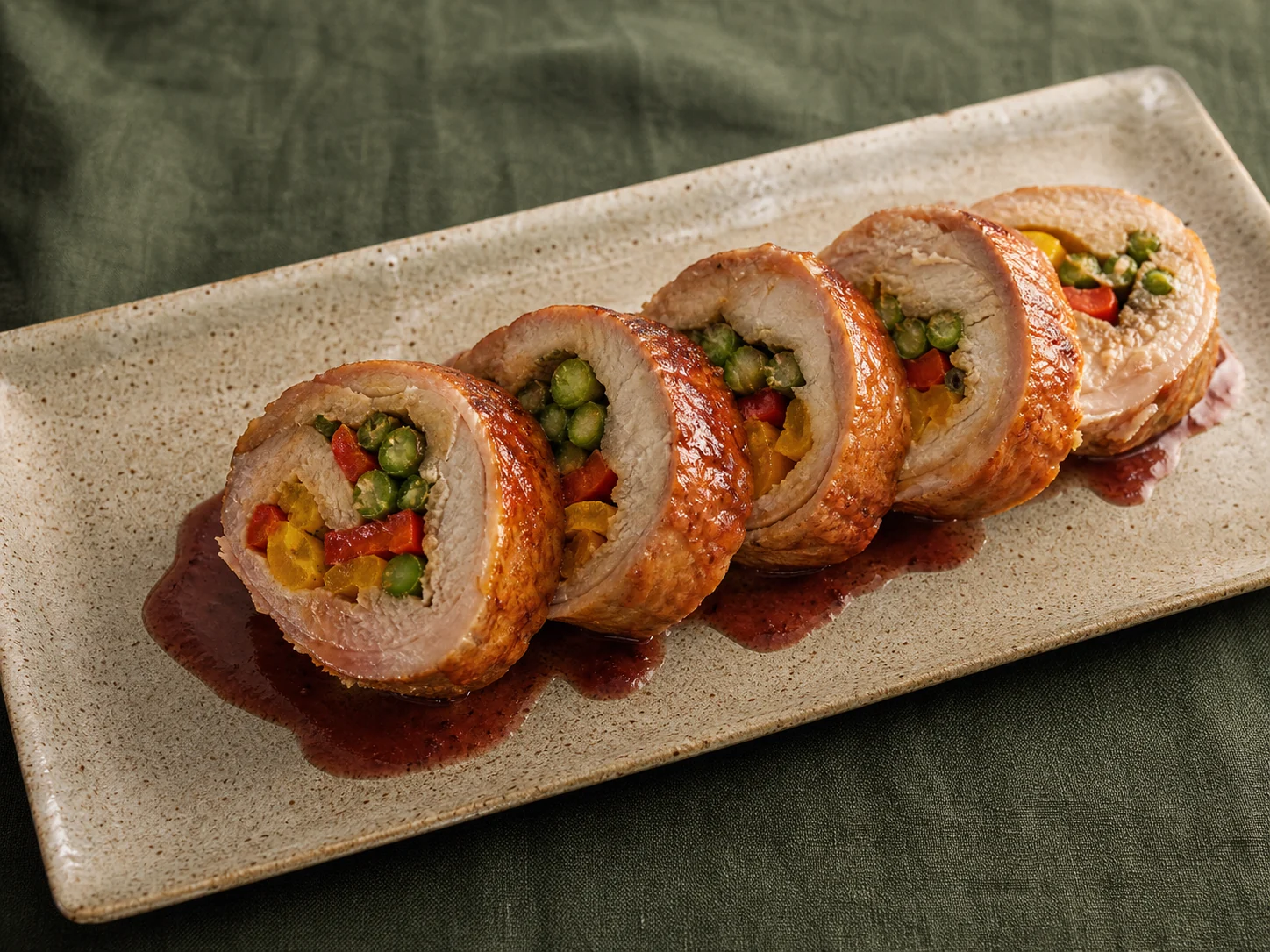 Medallones de pierna de cerdo rellena de pimentones y espárragos con salsa de vino tinto