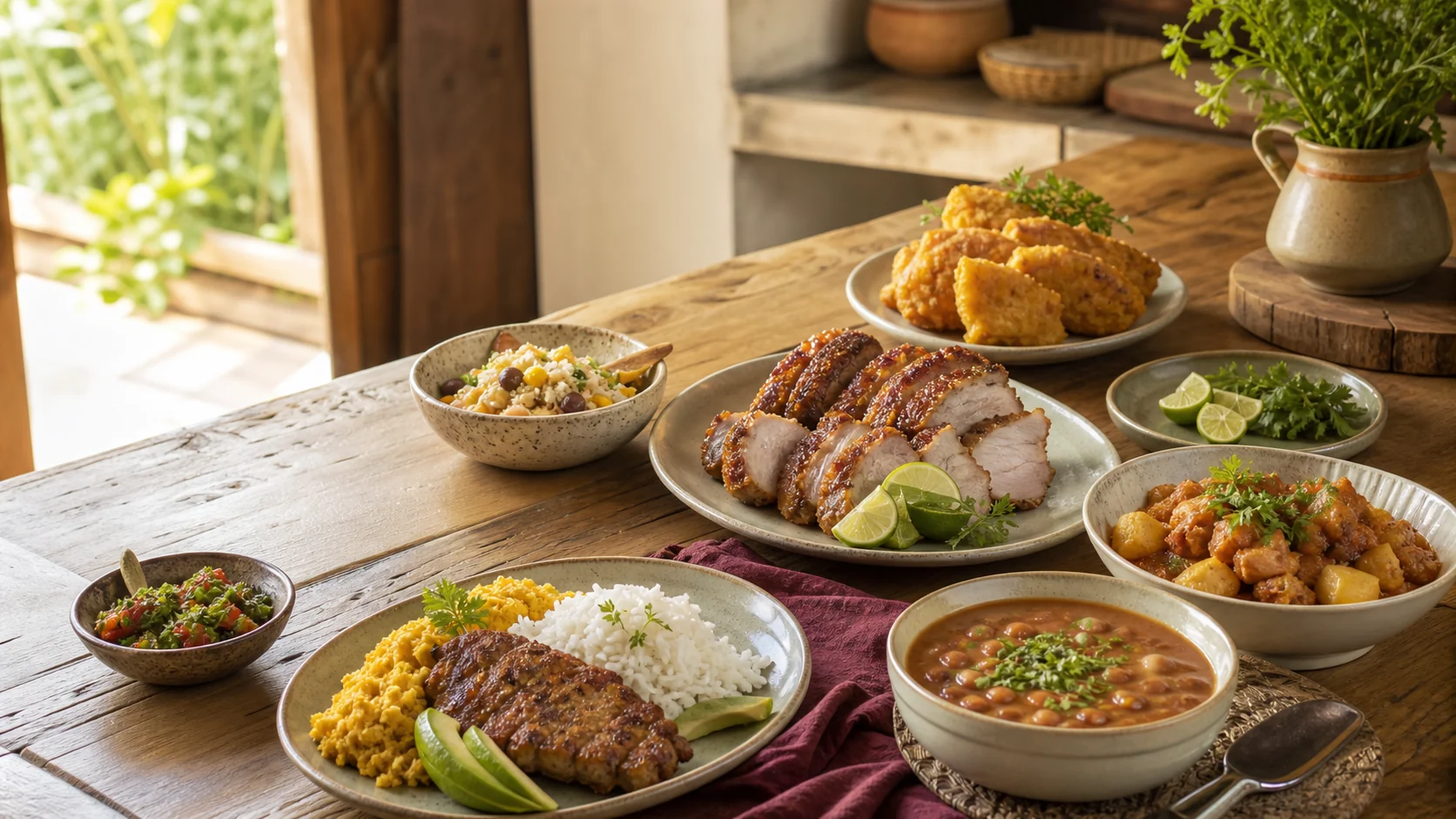 Mesa familiar colombiana con diferentes preparaciones de cerdo listas para compartir
